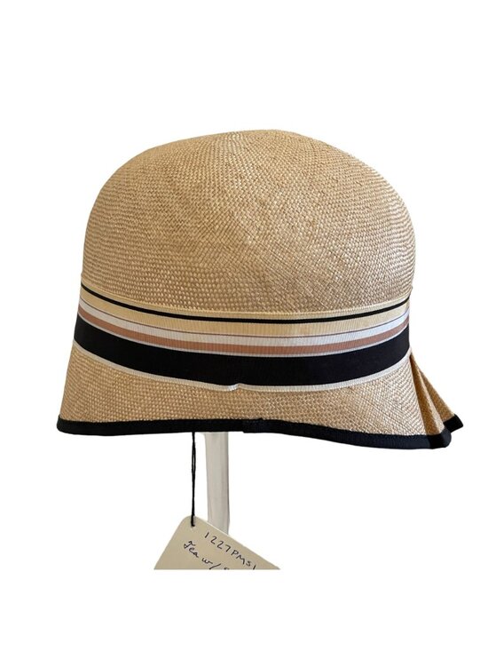 Louise Green Beige Straw Hat With Black & Striped Ribbon Accent USA Deadstock main image 6